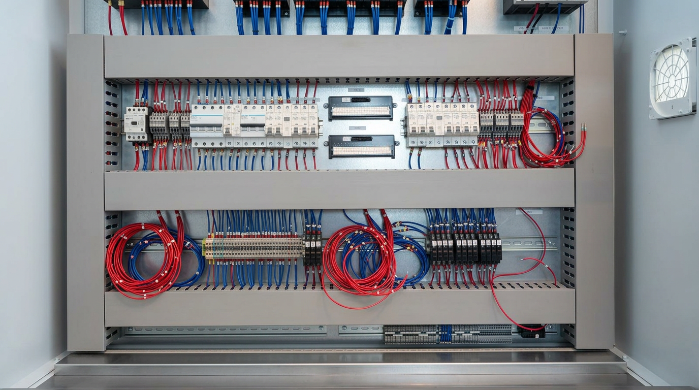 Neatly wired control panel built by Groarke Electrical Services